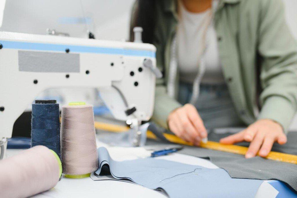 Costurera midiendo y marcando tela en el taller