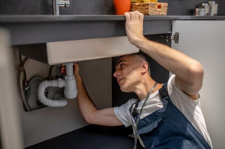 Plomero reparando bajo el fregadero de la cocina
